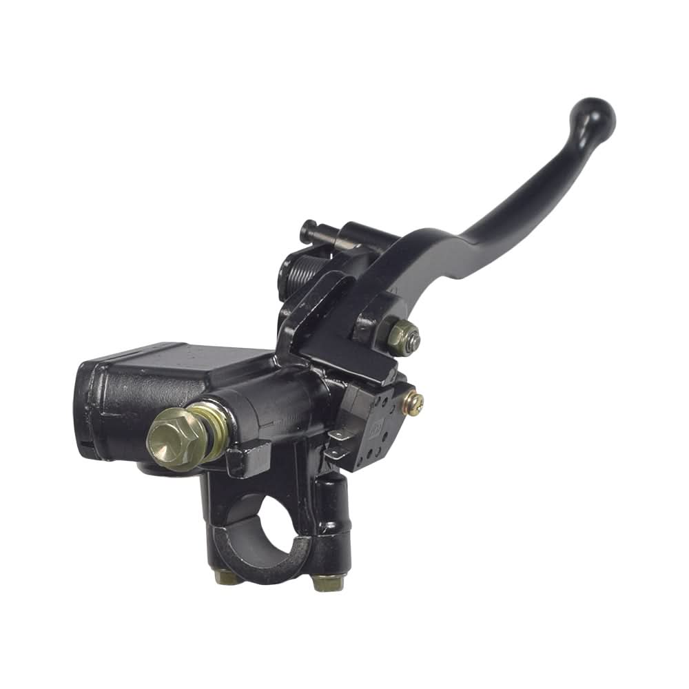 Black Left Side Brake Lever with Master Cylinder for QMB139 Scooters, featuring a black handle, lever, and sliding lock, designed for compatibility with many modern scooter models using the QMB139 GY6 engine.