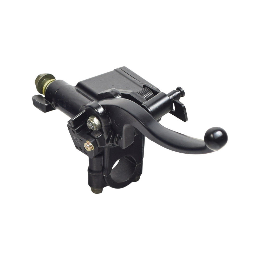 Black Left Side Brake Lever with Master Cylinder for QMB139 Scooters, featuring a black metal lever, handle, and sliding lock, along with visible close-up details of the master cylinder and attached nut.