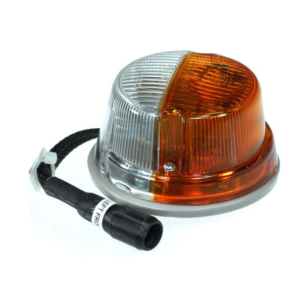 Close-up of the Left Front Light and Blinker Assembly for Pride Legend XL (SC3450), showcasing the light bulbs, electronic harness, and amber/white lens cover.