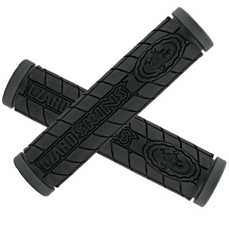 130 mm Dual Compound Logo Grips for Bikes & Scooters, featuring black handlebars and black grips, designed for off-road bikes, durable, comfortable, and includes push-in plugs.