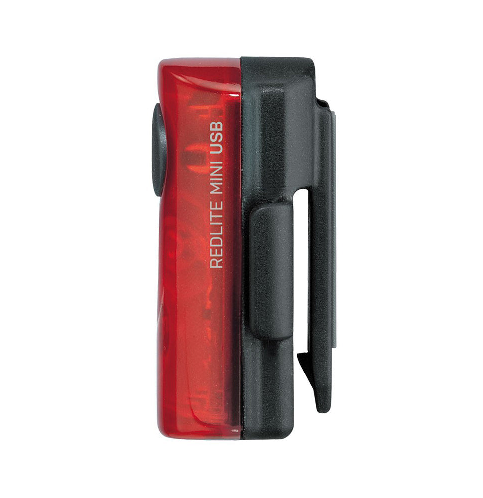 Redlite Mini USB Bicycle Taillight (Topeak) - A close-up of the compact, lightweight taillight featuring three super-bright LEDs, designed for easy mounting on a bike's seatpost with a rubber strap.