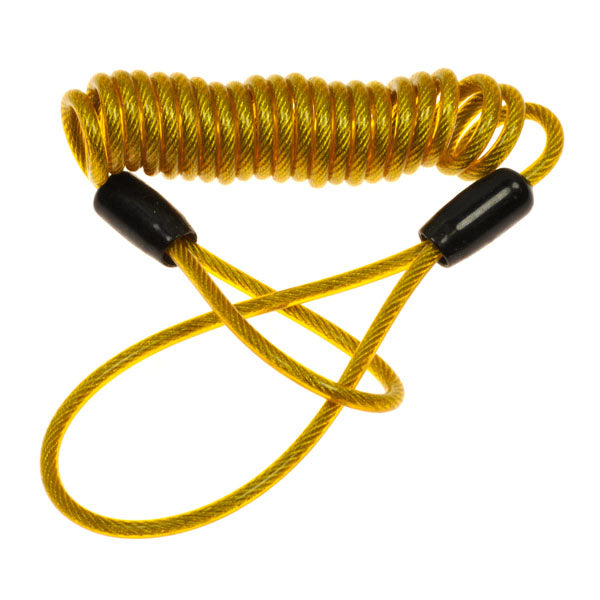Universal Reminder Cable for Scooter Locks featuring a yellow coiled rope with sturdy black handles, designed to secure scooters against theft when paired with a disc brake security lock.
