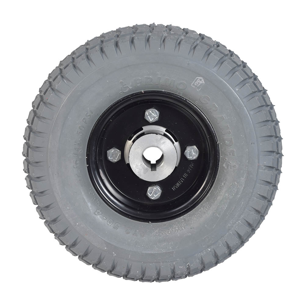 9x3.50-4 Pneumatic Rear Wheel Assembly for the Rascal 240, featuring a black rim and a knobby tread pattern for enhanced grip, with a central hole for mounting.