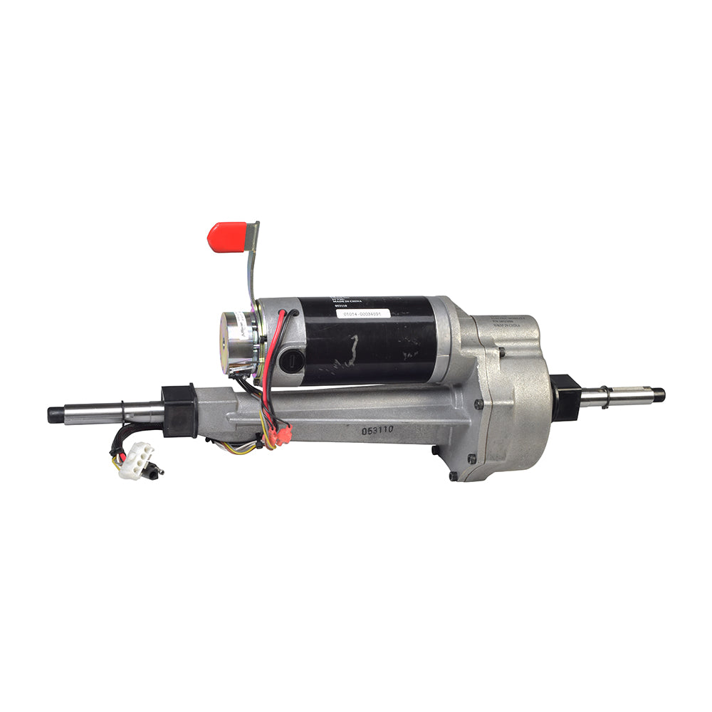 Close-up of the Motor, Brake, & Transaxle Assembly for Rascal 230, 235, 300, & 600T (Blemished) showing red handle and minor scratches on the motor case.