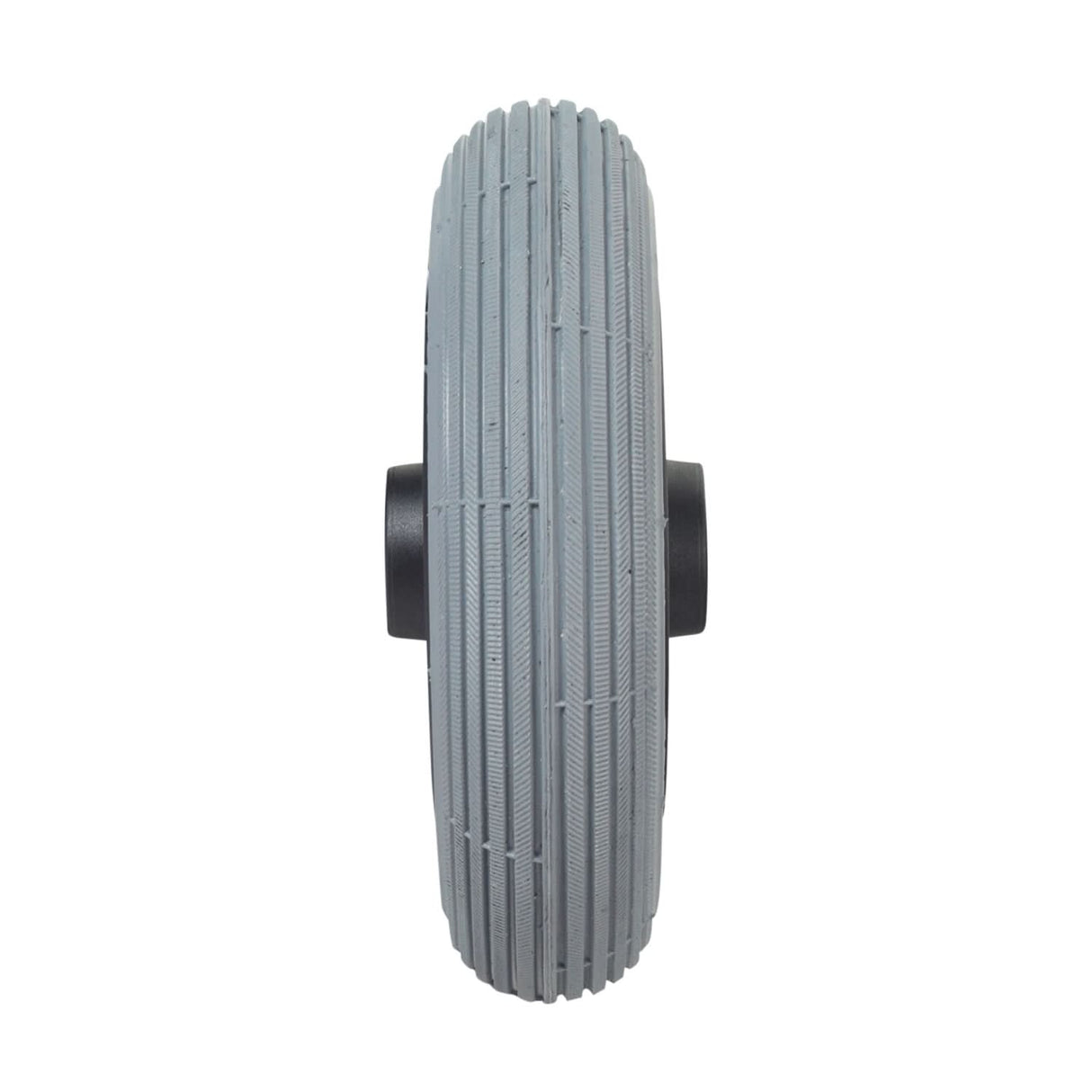 Front Caster Wheel Assembly for Rascal 320 power chair, featuring a smooth-riding ribbed tread, black hub, and bearings. This 7x1-3/4 foam-filled wheel ensures flat-free dependability.