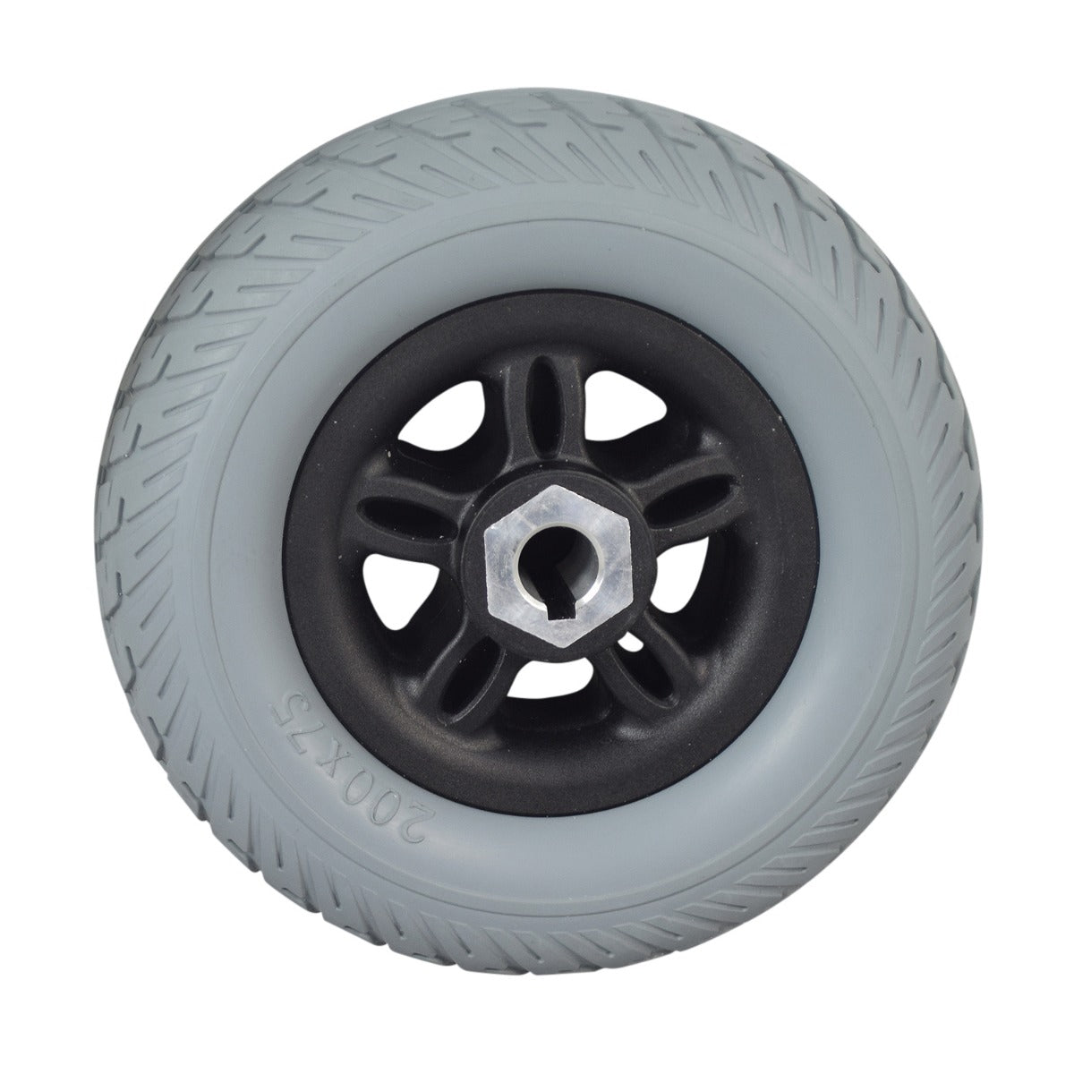 Drive Wheel Assembly for the Merits EZ-GO (P321/P3211) Power Chair, featuring a close-up of the wheel with a visible nut and hexagon-shaped keyhole in the center.