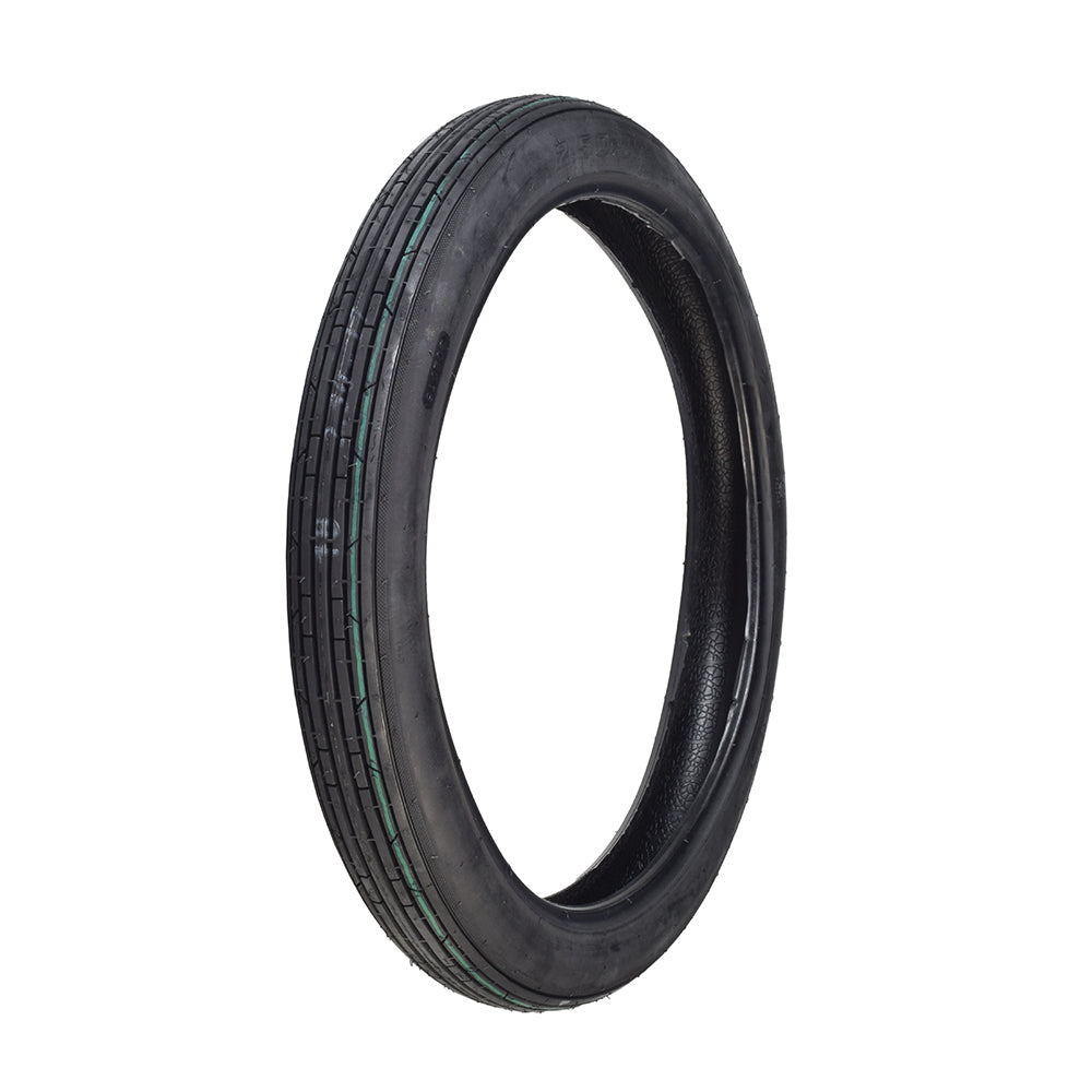 2.50-17 Tire with CY102 Tread for Scooters & Mopeds, close-up of a tire featuring closely spaced tread blocks, suitable for wet weather, designed for street scooters and mopeds, optional inner tube available.