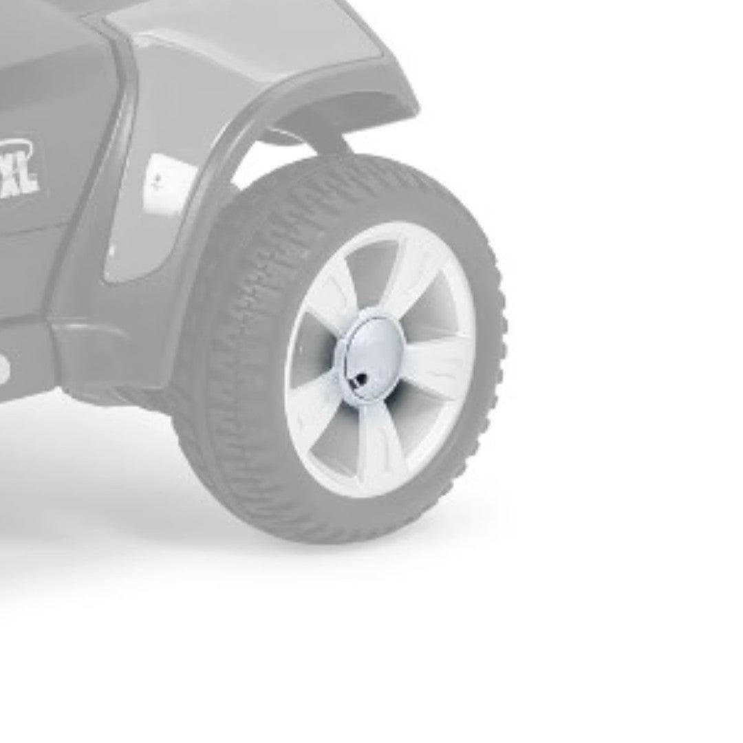 MBW-121A-WC wheel cap shown in color on the Golden Buzzaround XL 3-Wheel GB121 rear wheel, rest greyed out
