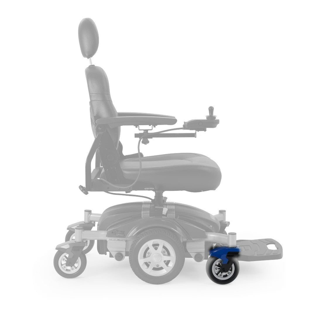 MBX-605A-CWA-R right caster wheel assembly shown in color on the Golden Compass Sport GP605 New Version, rest of the chair greyed out