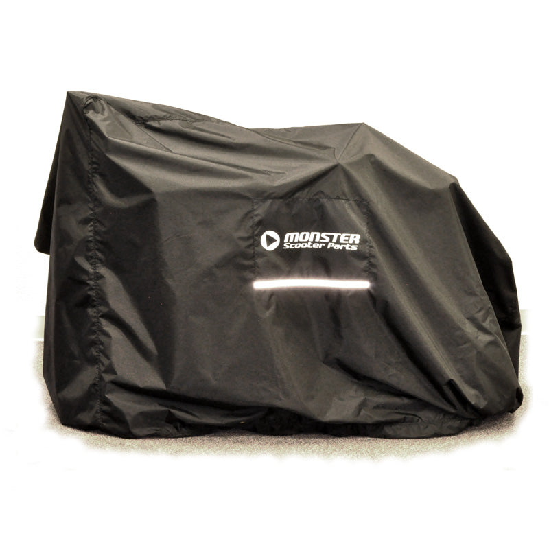 Mobility Scooter Cover Universal Fit: A durable black cover with reflective strip, designed for water resistance and secure fit on full-size mobility scooters.