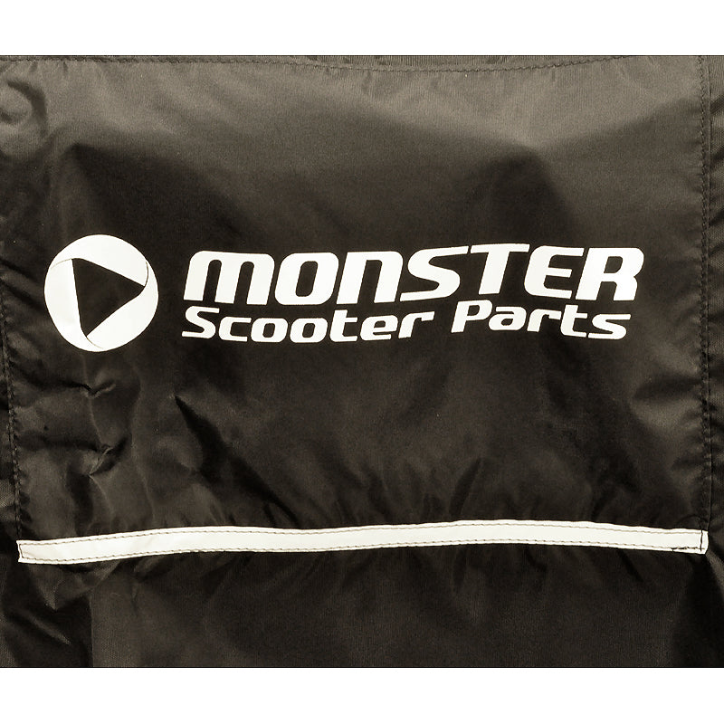 Mobility Scooter Cover Universal Fit: Black cover with white text, made of 400-denier nylon, featuring a reflective strip, grommets, and draw cord for secure fitment, designed to protect scooters from the elements.