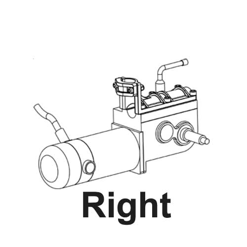 Sketch of the Right Drive Motor Assembly for the ActiveCare Wildcat and Wildcat 450 Power Chairs, detailed with components and annotations, depicted in a technical drawing style.