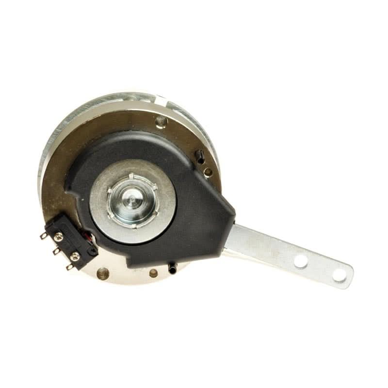 Motor Brake for the Merits Pioneer 5 (S53431) and Pioneer 5 DLX (S541) Mobility Scooters, featuring a small round metal device with a black handle, close-up of mechanical parts.