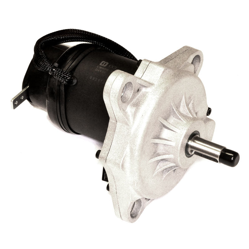 Close-up of the Left Drive Motor Assembly for the Jazzy Select & Select GT, featuring a robust Chiaphua Components Limited motor and Warner Electric brake, complete with mounting brackets and bolts.