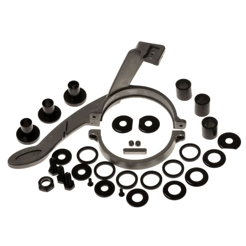 Close-up of a Drive Motor Assembly (CM808-075A/CM808-075B) for the Jazzy Select & Select GT power chairs, featuring various sized nuts and a circular auto part design.