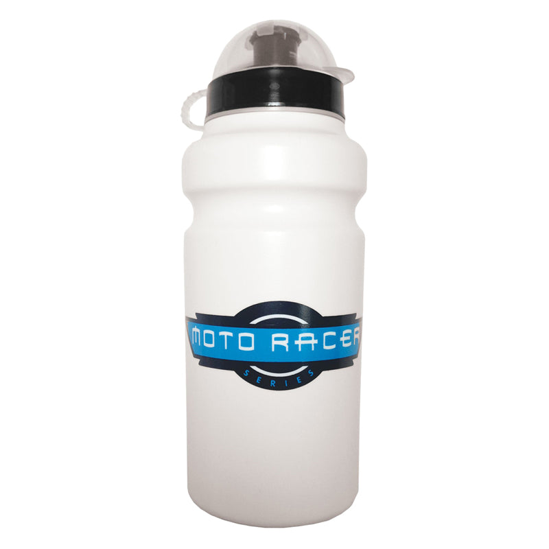 Moto Racer H2O Water Bottle: a white plastic bottle with a black lid, featuring a blue label, designed for young riders, BPA-free, dishwasher safe, and holds 20 oz, fitting most bike cages.