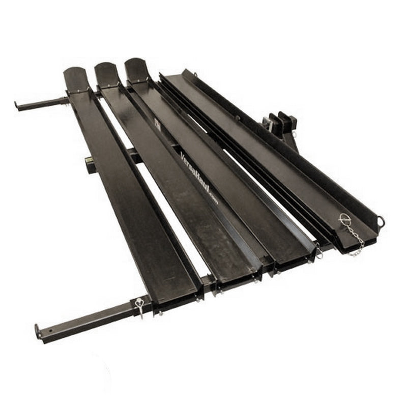 Scooter Carrier for the Piaggio MP3, showcasing a robust black metal frame with an attached chain, designed to securely transport 3-wheel scooters, featuring three ramps and multiple tie-down bars.