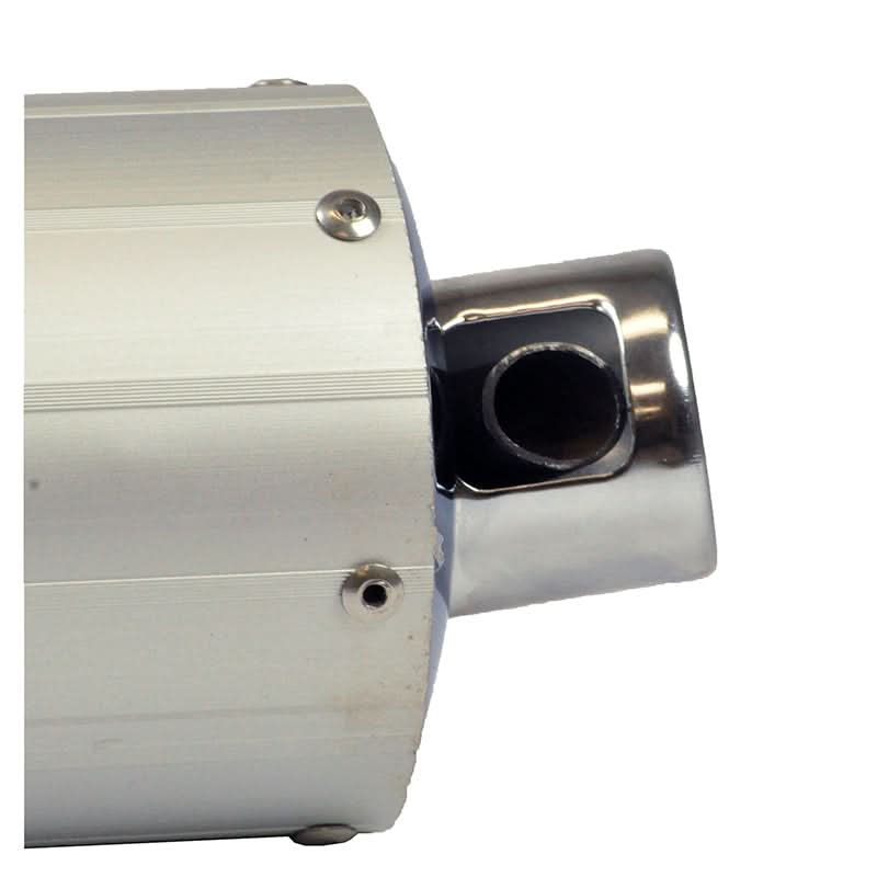 Close-up of a Universal Chrome Muffler/Silencer for 50cc, 125cc & 150cc GY6 Scooters, showcasing its sleek metal finish and typical OEM design for 4-stroke gas scooters.