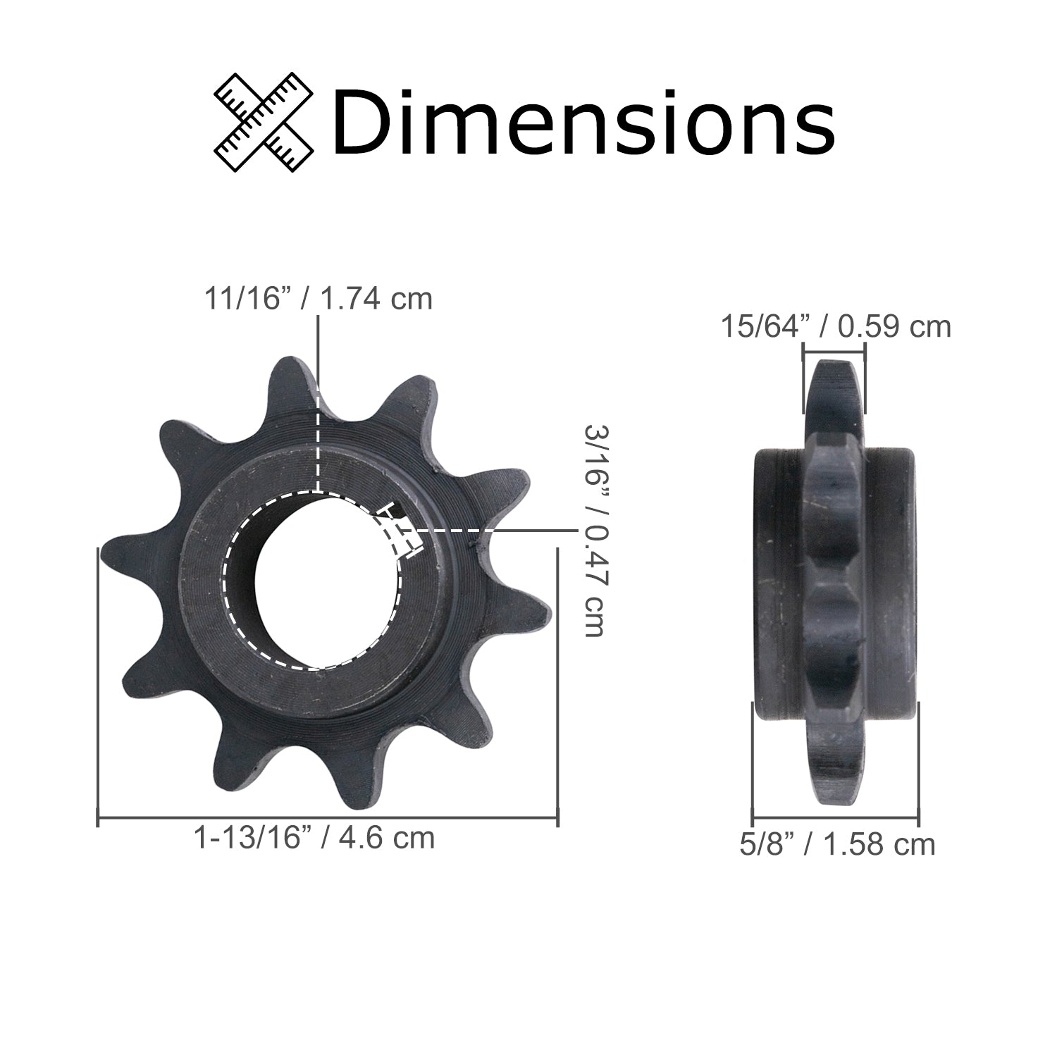 420 Chain 10 Tooth Sprocket for the Baja Mini Bike MB165 & MB200 (Baja Heat, Mini Baja, Baja Warrior) shown in a detailed diagram highlighting its gear structure and dimensions.