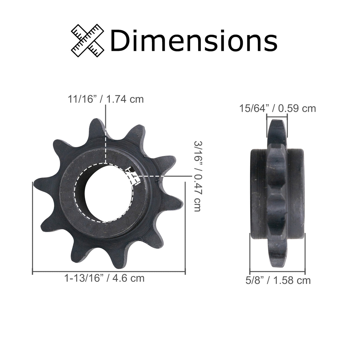 420 Chain 10 Tooth Sprocket for the Baja Mini Bike MB165 & MB200 (Baja Heat, Mini Baja, Baja Warrior) shown in a detailed diagram highlighting its gear structure and dimensions.