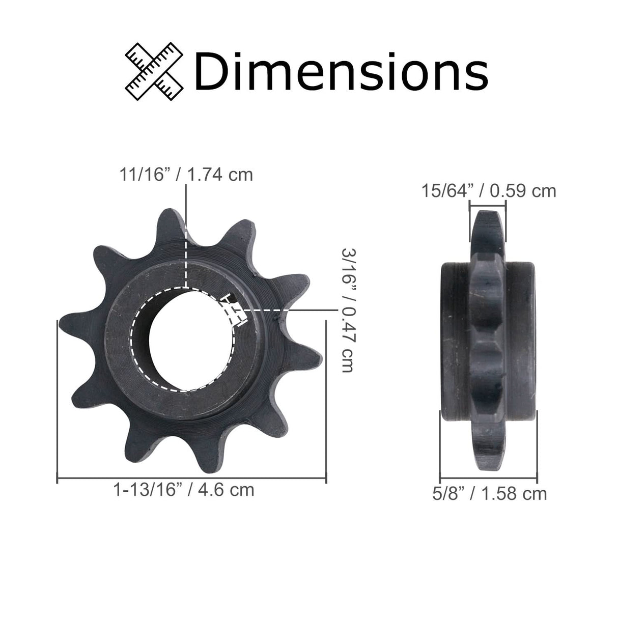 420 Chain 10 Tooth Sprocket for the Baja Mini Bike MB165 & MB200 (Baja Heat, Mini Baja, Baja Warrior) shown in a detailed diagram highlighting its gear structure and dimensions.