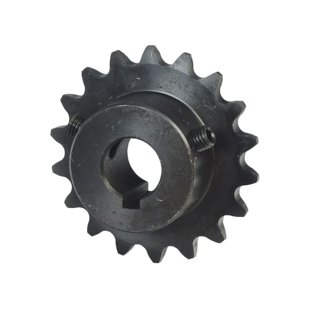 #35 Chain - 18 Tooth Jackshaft Sprocket with a 5/8 Bore for Go-Karts & Mini Bikes; a close-up of a black metal gear with a central hole, showcasing its teeth and bore.