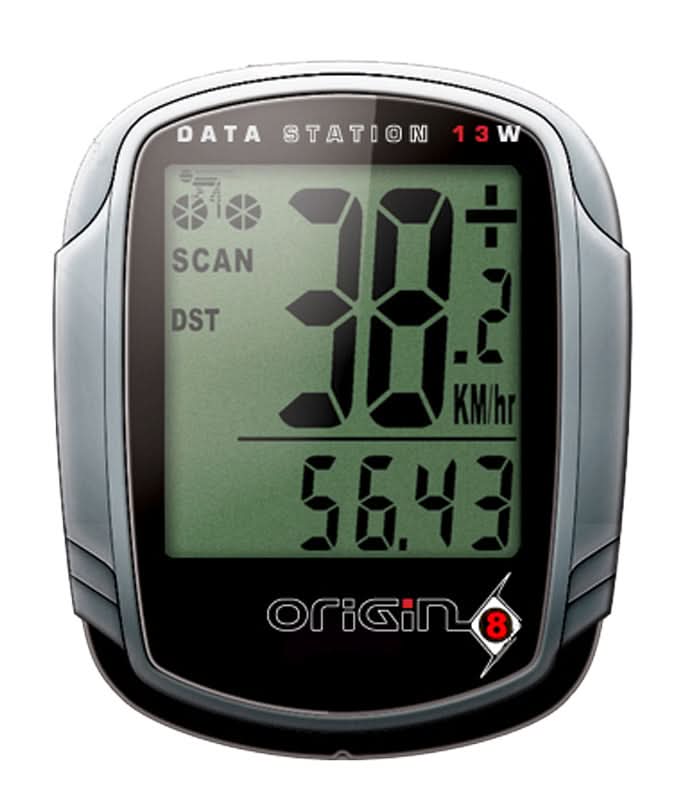 Origin8 Data Station 13W Wireless Bike Computer featuring a digital screen displaying speed and distance metrics with numeric indicators and a clock function.