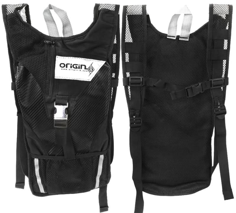 Origin8 Hydra-PRO 2.5 Liter Hydropack, featuring a black bag with straps, zippered storage pocket, wide mesh shoulder straps, and buckle flap closure, ideal for biking or hiking hydration needs.