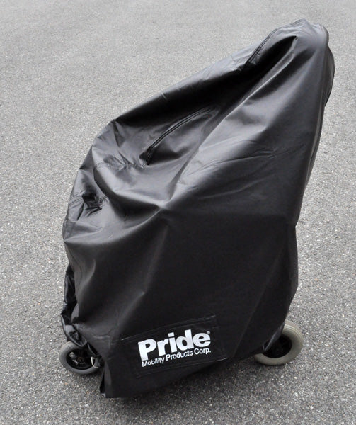 Small Weatherproof Cover for the Go-Go Go-Chair & Jazzy Z-Chair, shown as a black plastic protective bag on wheels, designed to fit various power chair brands and models.