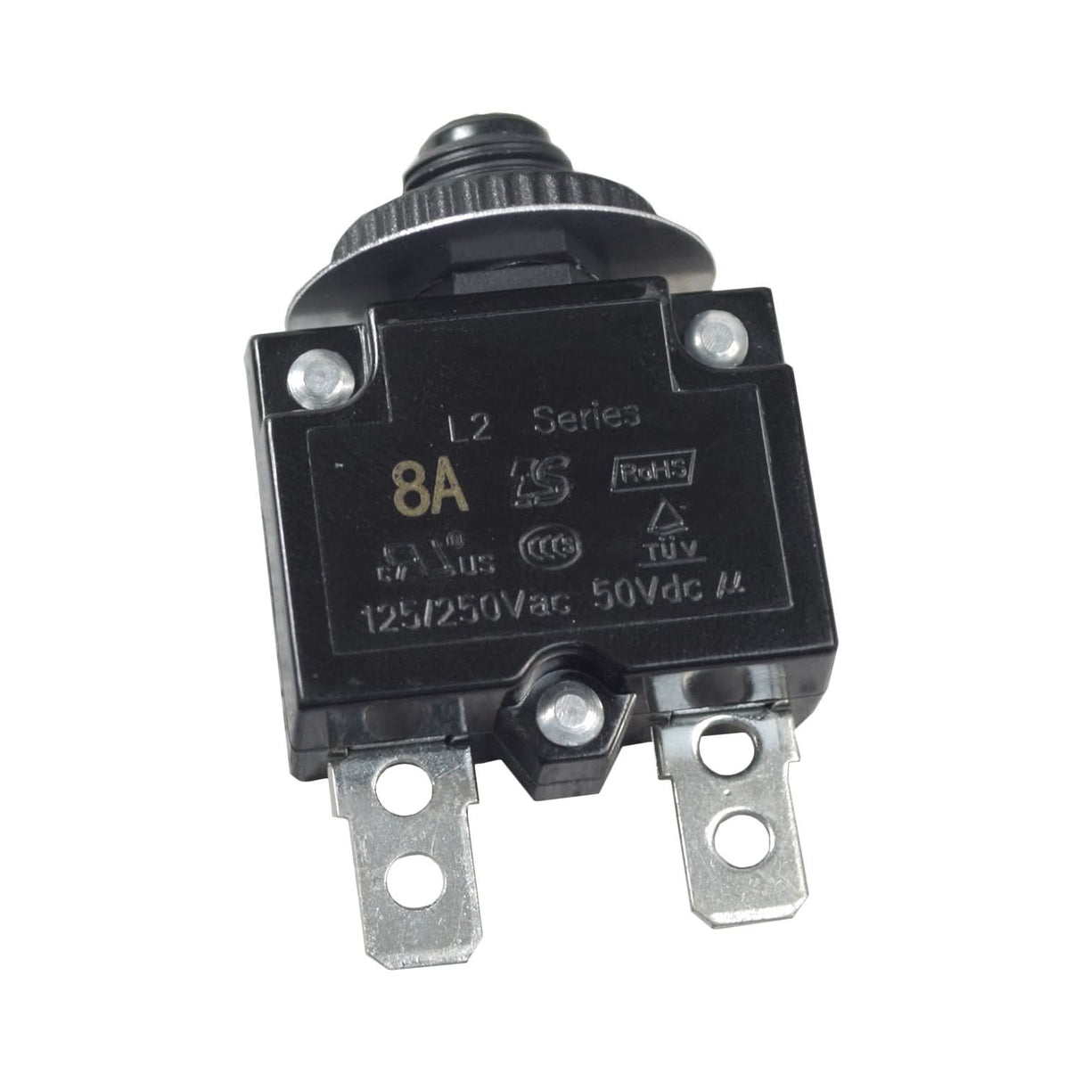 8 Amp (8A) 50VDC 125/250VAC Push-Button Reset Circuit Breaker with 1/4 Tab Terminals for the Razor E100 Power Core Electric Scooter, featuring a black casing with a prominent push-button reset.