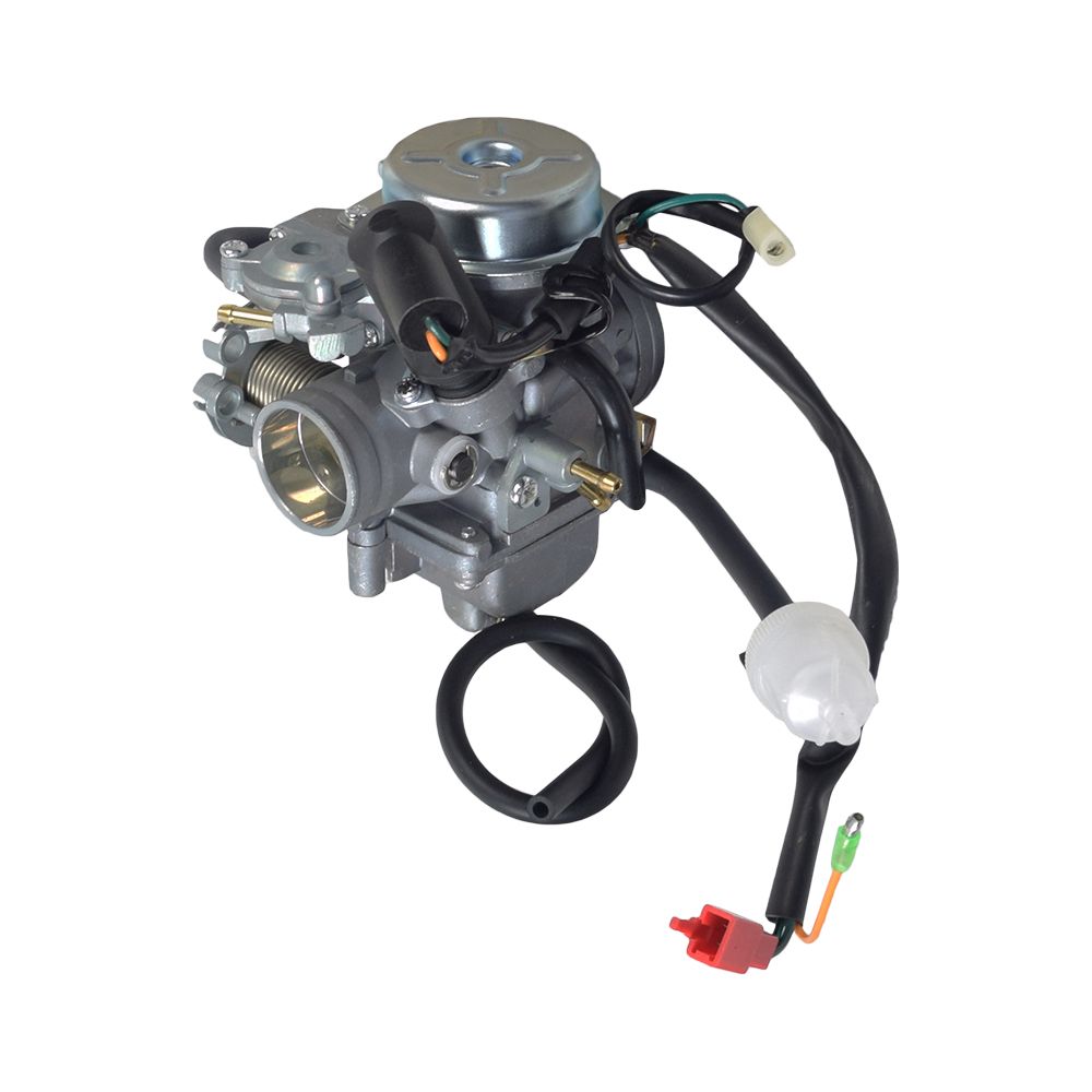Close-up of the 250cc GY6 Go-Kart & Dune Buggy Carburetor, showing detailed components including a black tube with a silver clip, designed for GY6 style engines.