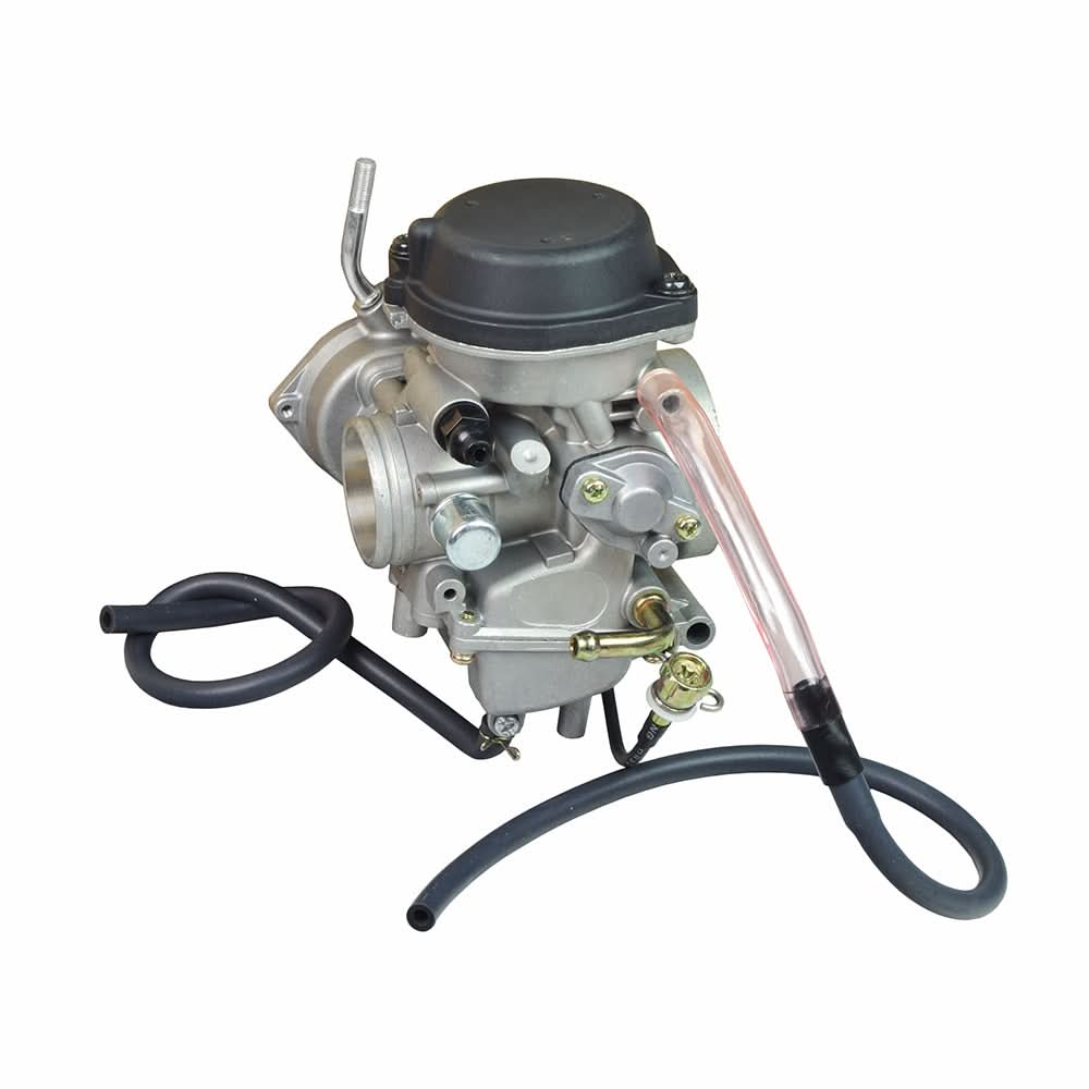 Close-up of the PD36J carburetor for the Yamaha Raptor 350 YFM350R, showcasing its manual cable choke and detailed components like screws and the black plastic cap.
