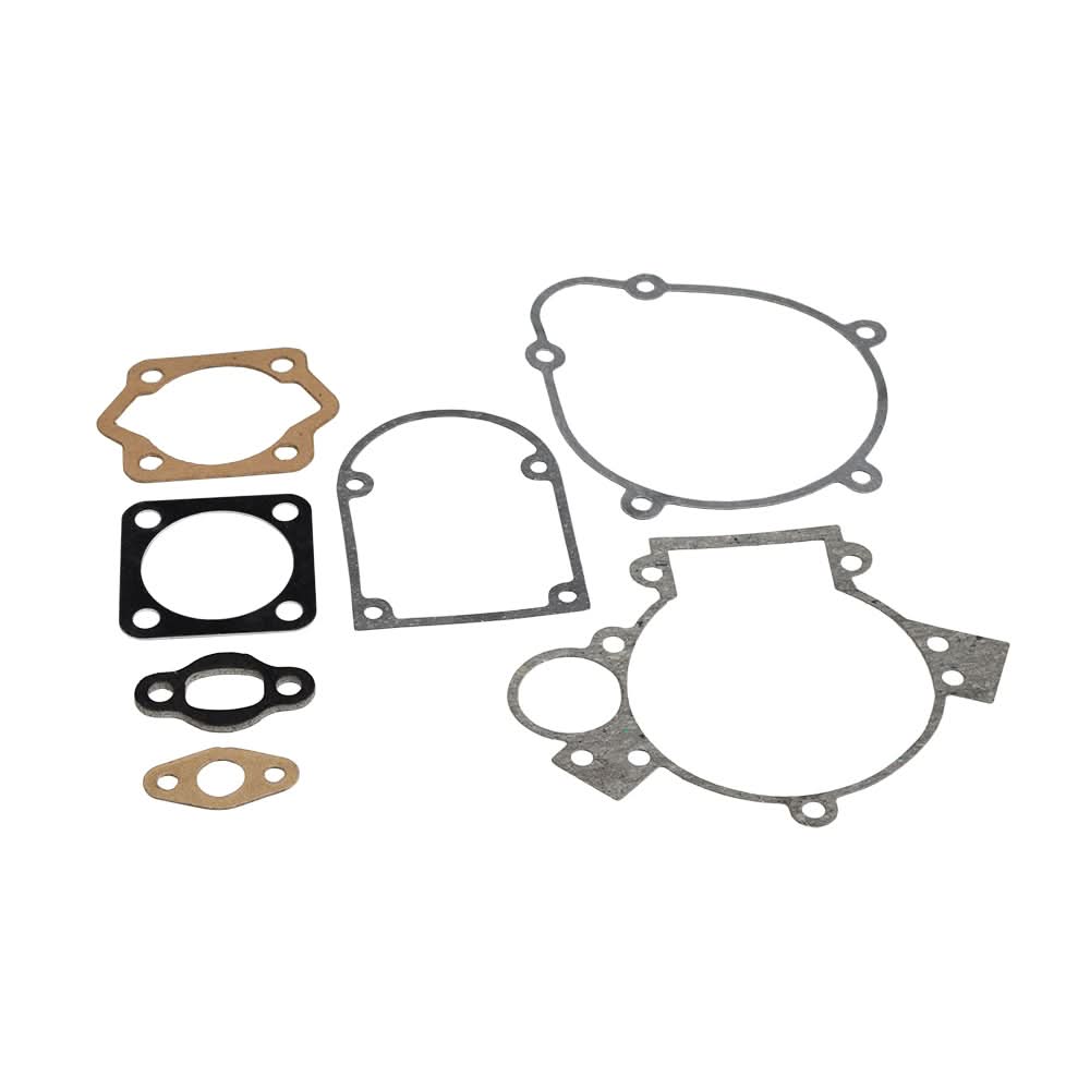Gasket Set for 80cc 2-Stroke Bicycle Engine Kits: Seven gaskets including head, bottom cylinder, crankcase, clutch cover, exhaust, intake, and magneto, displayed on a white background.