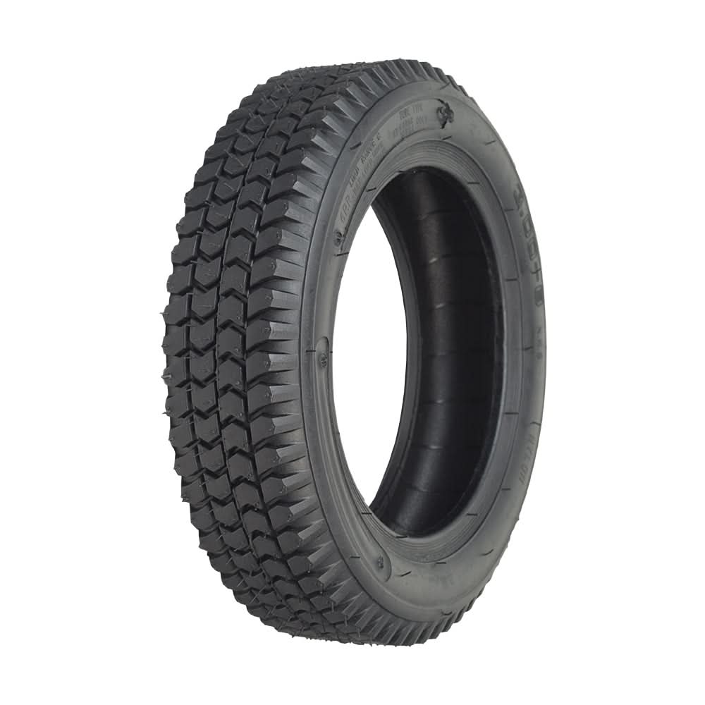 14x3 (3.00-8) Black Pneumatic Mobility Tire with Q133 Tread, featuring a close-up of the intricate tread pattern, ideal for replacing or upgrading Pride Pursuit XL mobility scooters.