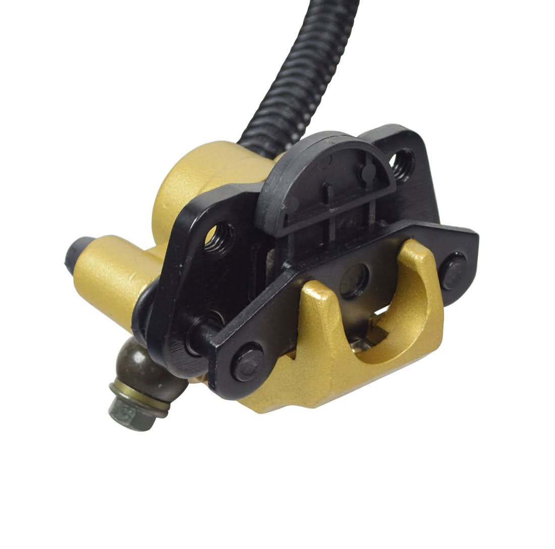 Complete Handbrake Assembly for Pride Pursuit XL (SC714), Wrangler (MV600), & Baja Wrangler 2 (BA400) Scooters, featuring a black and gold metal device with a close-up of a bolt and flexible tube.