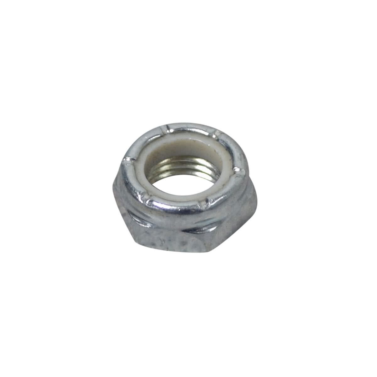 Close-up of a Nylon Lock Nut for Full-Length Armrest, compatible with Quantum Q600 scooters, showcasing its metallic finish and intricate threading, essential for securing armrest components.