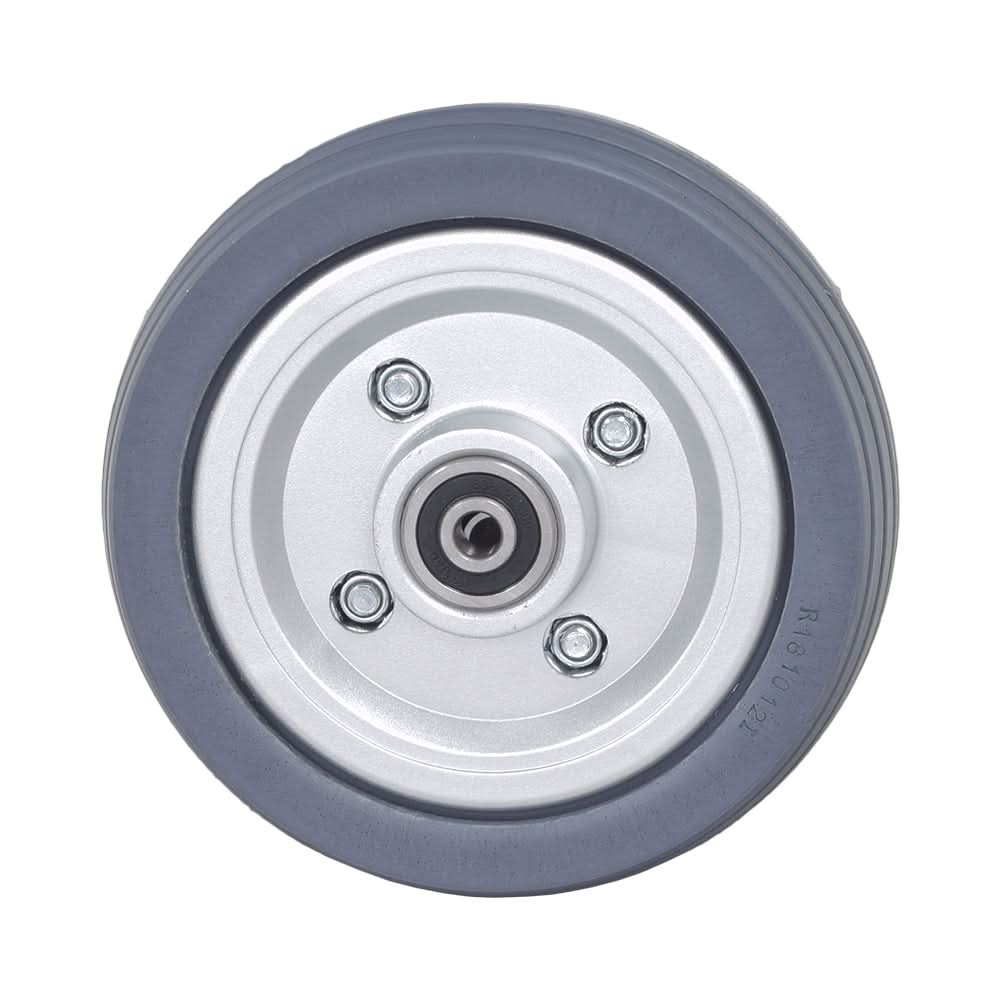 6x2 Dark Gray Rear Caster Wheel Assembly for the Jazzy & Quantum J6, featuring a black rubber tire, wheel bearings, and spacers, designed as a replacement for J6 power chairs.