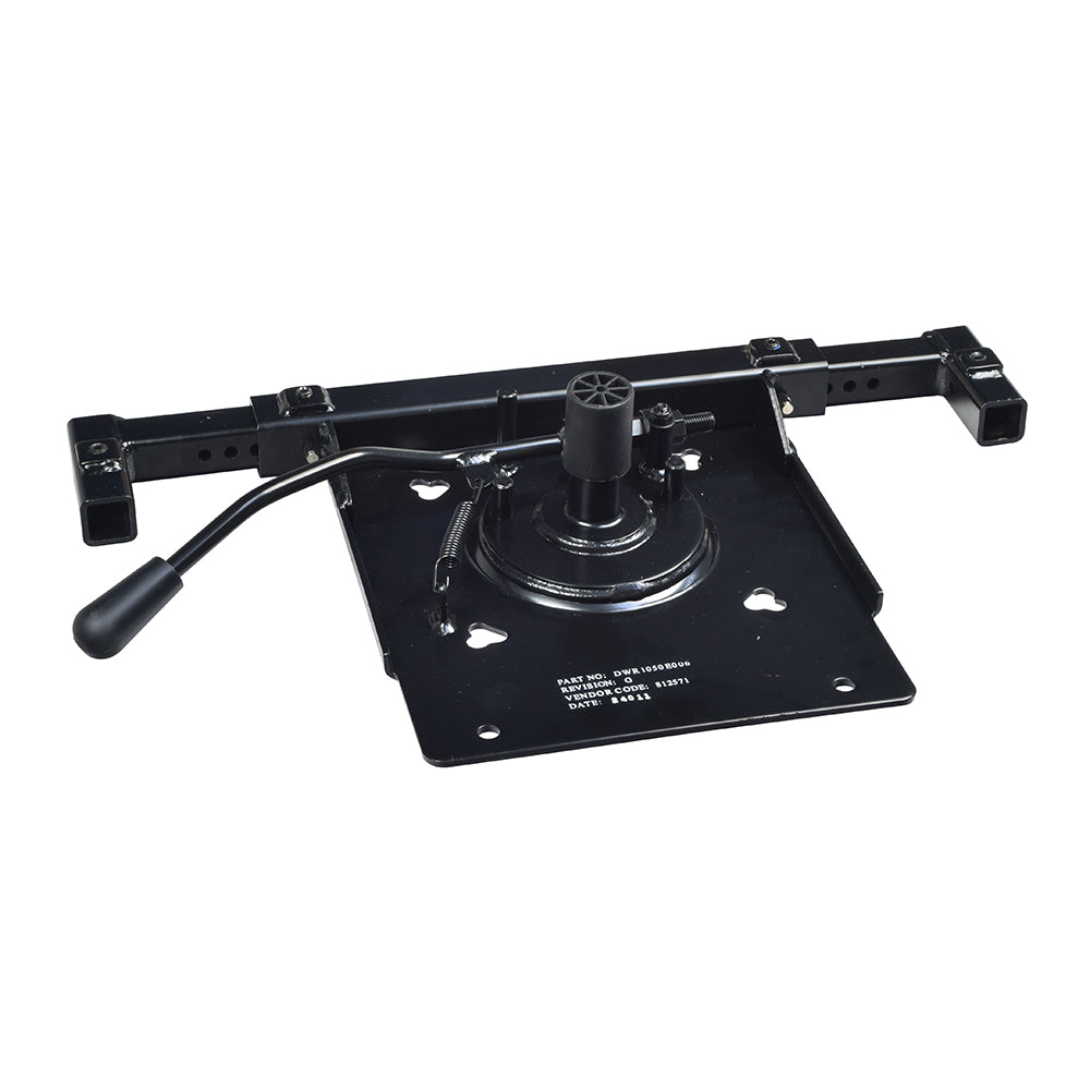 Clover Leaf Seat Frame with Leg Rest Hanger Receivers for Jazzy & Jet Power Chairs, showing a black metal frame with a handle, holes, and leg rest hangers.