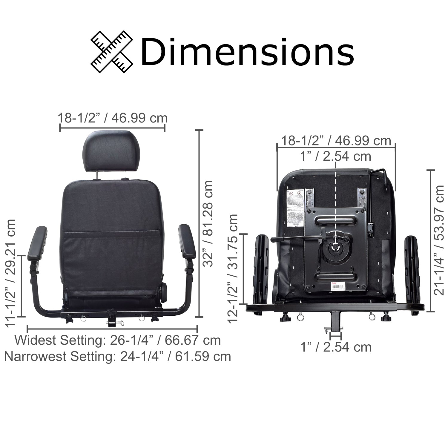 18x18 Black Vinyl Hi-Back Seat Assembly for the Pride Victory 10 (SC610/SC710) & Pursuit (SC713) Scooters, featuring armrests, headrest, and seat plate, shown with a detailed diagram.