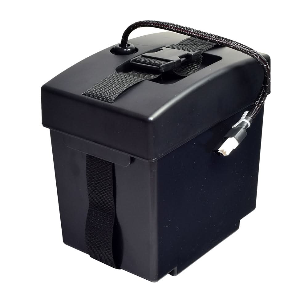 Battery Box Assembly for Jazzy 1113 ATS & Jazzy Select 7 Power Chairs, featuring a black battery with a strap and black plastic buckle, ideal for replacement or backup power.