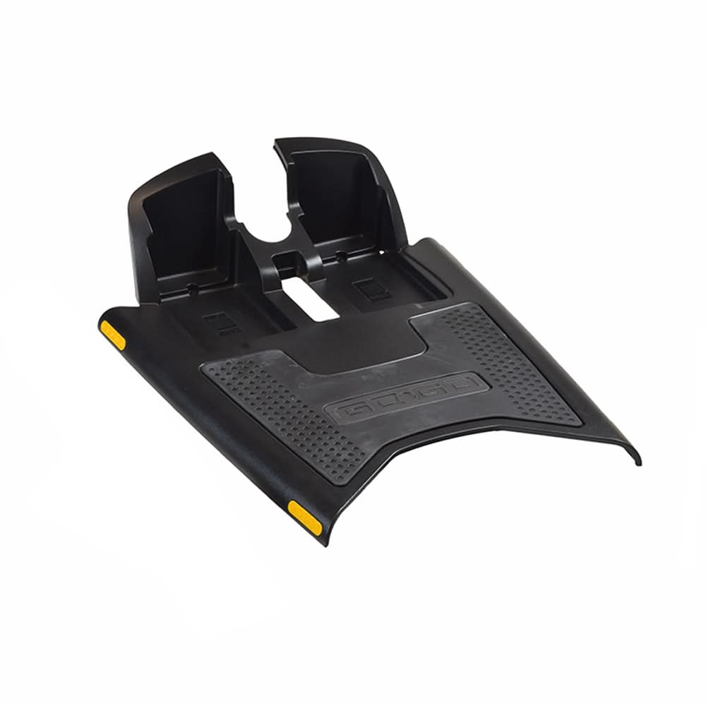 Front Body Shroud with Mat & Reflective Inserts for the 3-Wheel Go Go Elite Traveller Plus (SC53) (Blemished), featuring a black plastic deck with yellow accents, holes, and minor scuffs on the rubber mat.