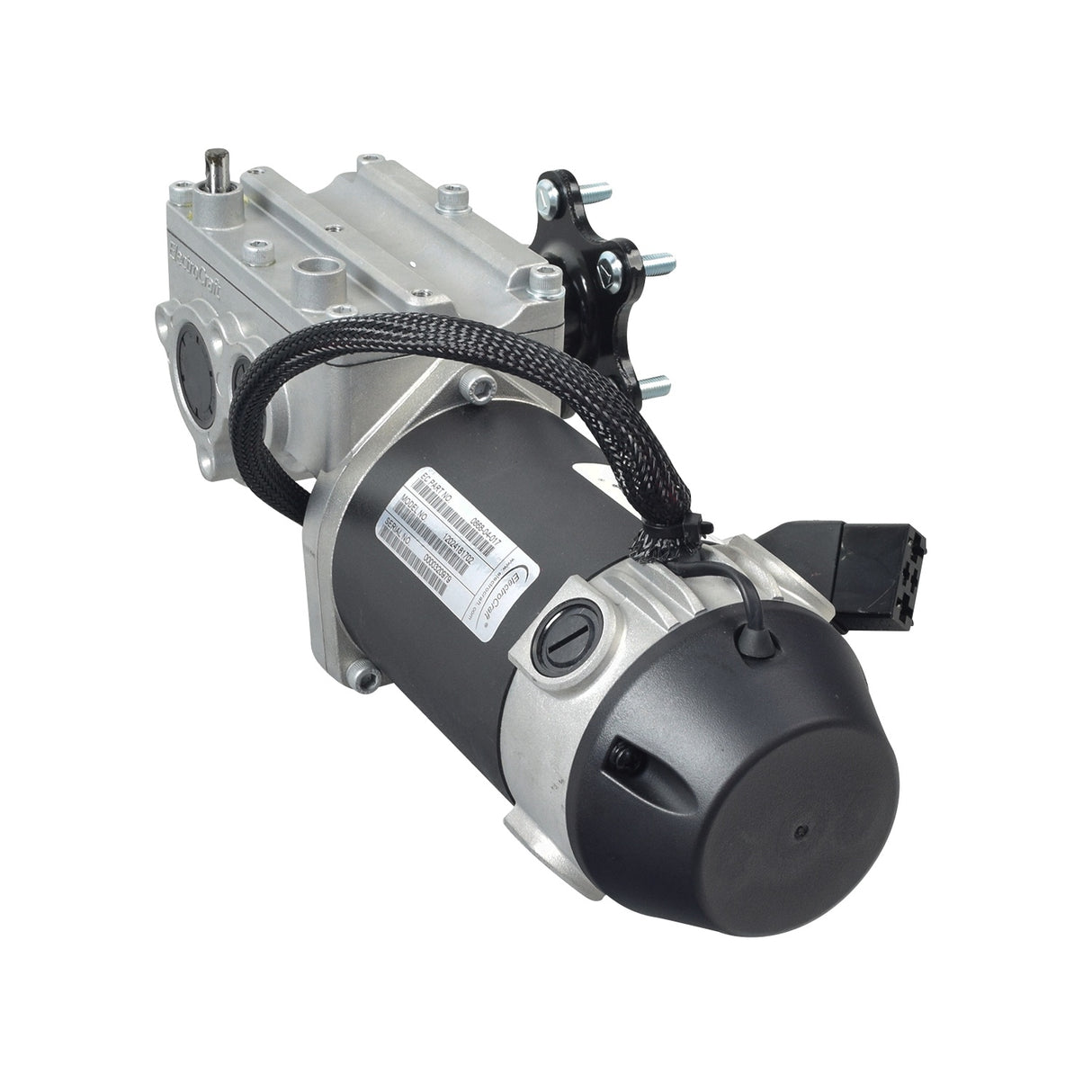 Close-up of the 5 MPH I-Song ElectroCraft Motor and Gearbox Assembly for the Quantum Q6 Edge power chair, showing intricate metal components and a barcode.