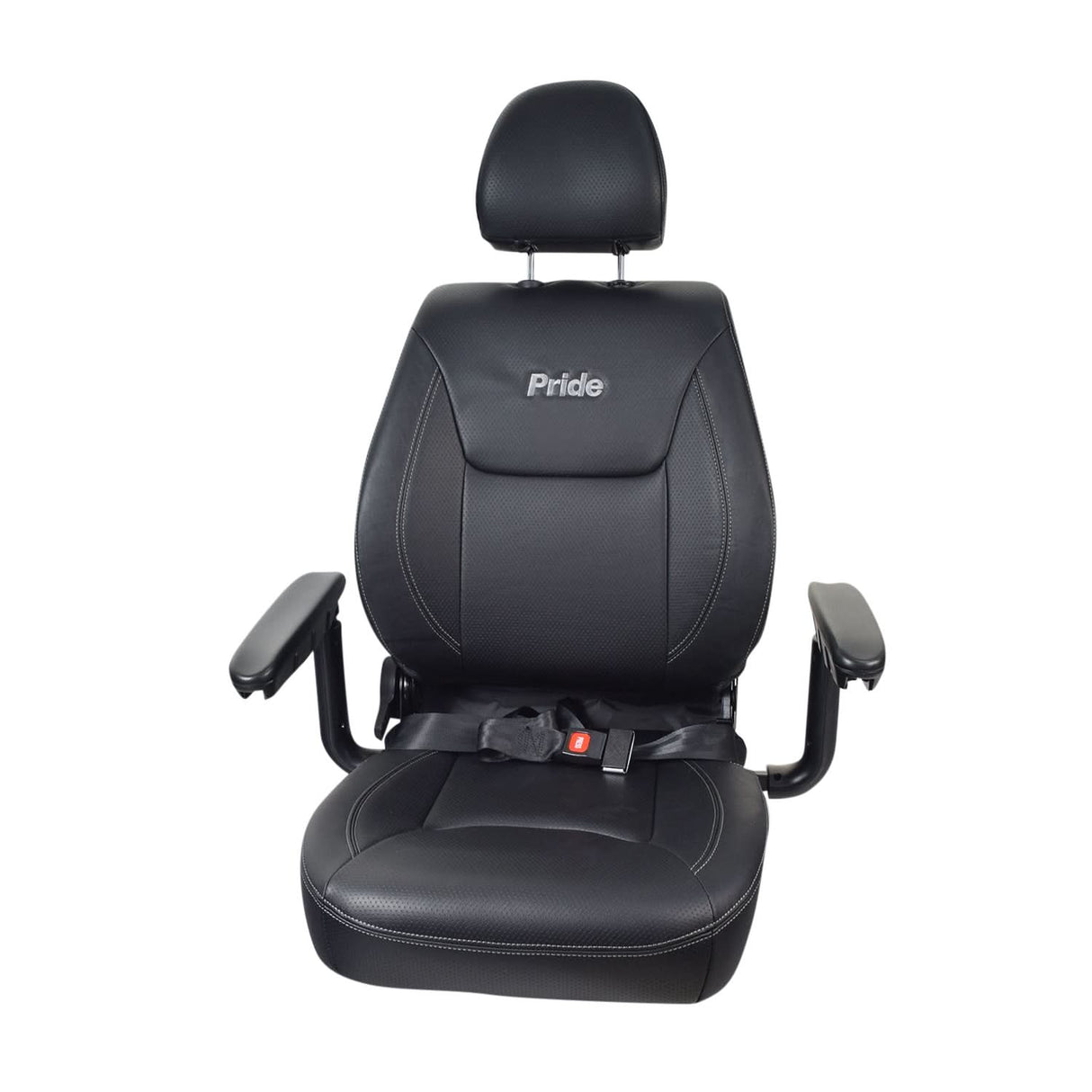 20x20-22 Depth Adjustable Seat Assembly for the Jazzy Air, featuring a black leather seat with a headrest, armrests, and a seat belt with a red button for secure use.