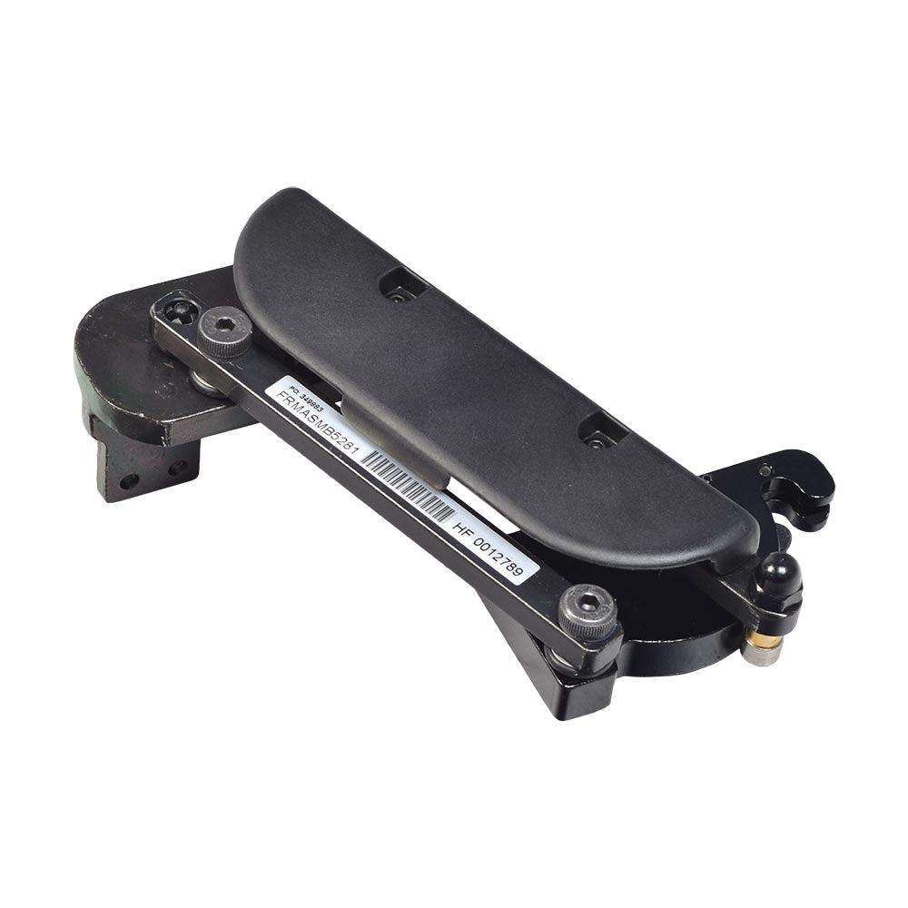 Left 4 inline swing-away joystick bracket for Jazzy & Quantum power chairs, featuring a black plastic structure with a white label, designed for left-handed users.