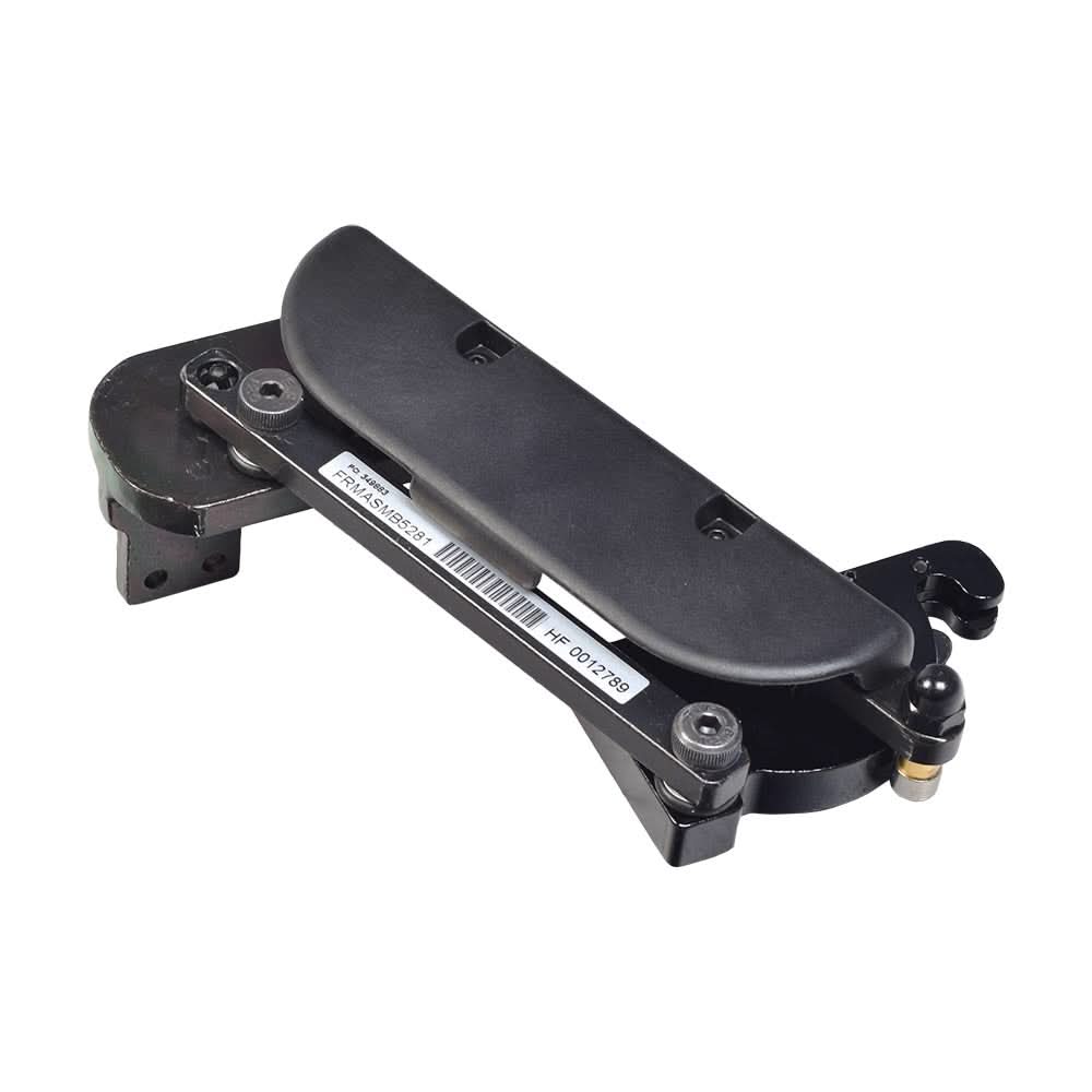 Left 4 inline swing-away joystick bracket for Jazzy & Quantum power chairs, featuring a black plastic structure with a white label, designed for left-handed users.