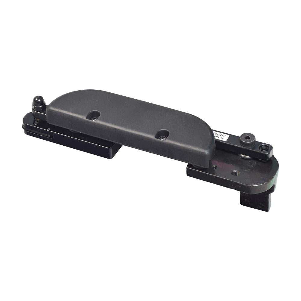 Left 4 Inline Swing Away Joystick Bracket for Jazzy & Quantum Power Chairs showing a black plastic object with holes and a black handle, designed for left-handed users' joystick control.