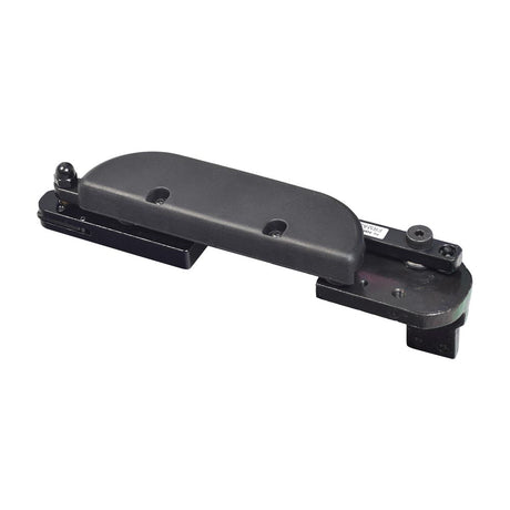 Left 4 Inline Swing Away Joystick Bracket for Jazzy & Quantum Power Chairs showing a black plastic object with holes and a black handle, designed for left-handed users' joystick control.