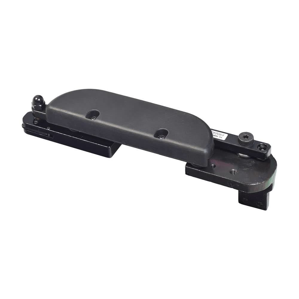 Left 4 Inline Swing Away Joystick Bracket for Jazzy & Quantum Power Chairs showing a black plastic object with holes and a black handle, designed for left-handed users' joystick control.