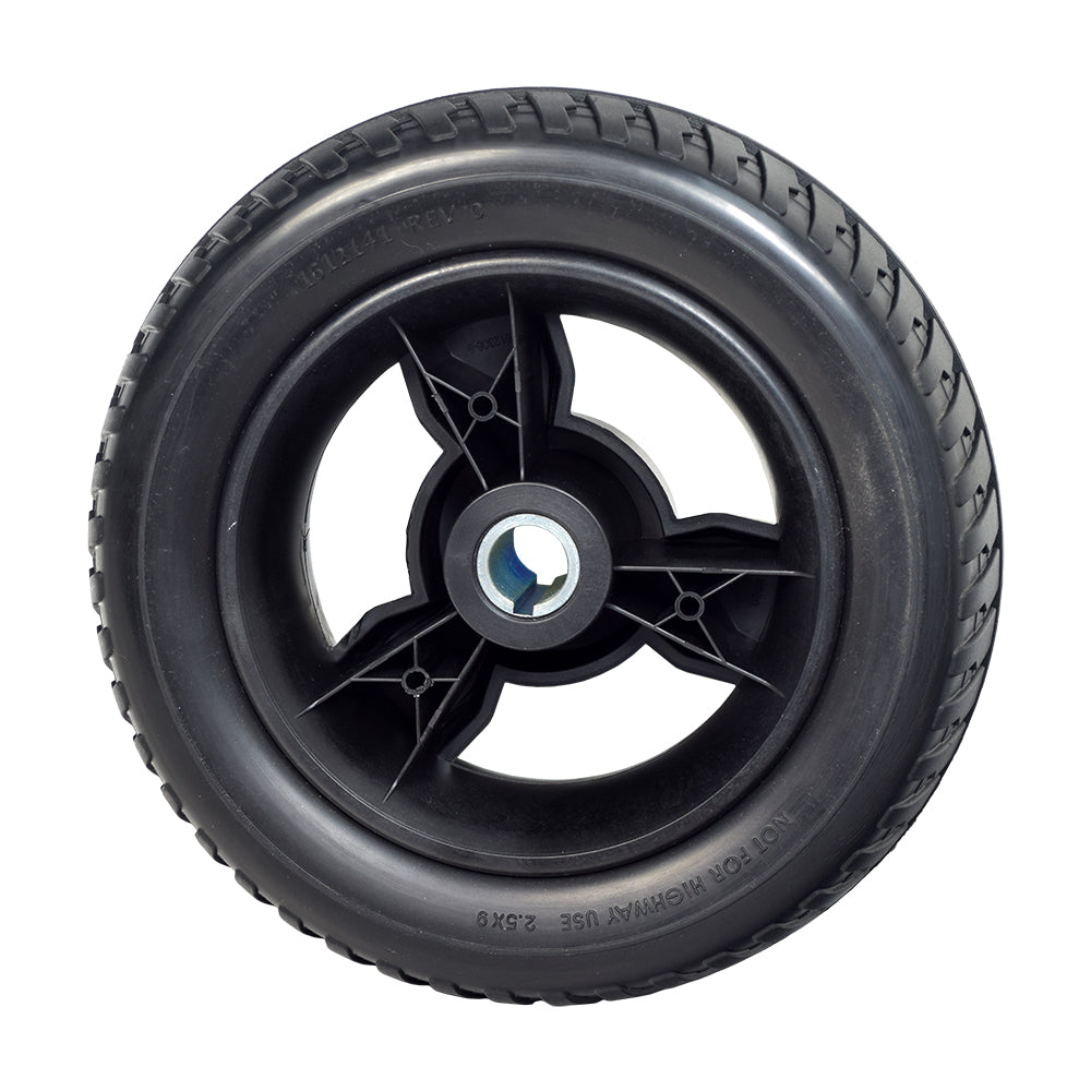9 Rear Wheel Assembly for the Pride Revo 2.0, showcasing a black, non-marking, flat-free tire with a central hole, designed for both the 3-wheel and 4-wheel Revo 2.0 mobility scooters.