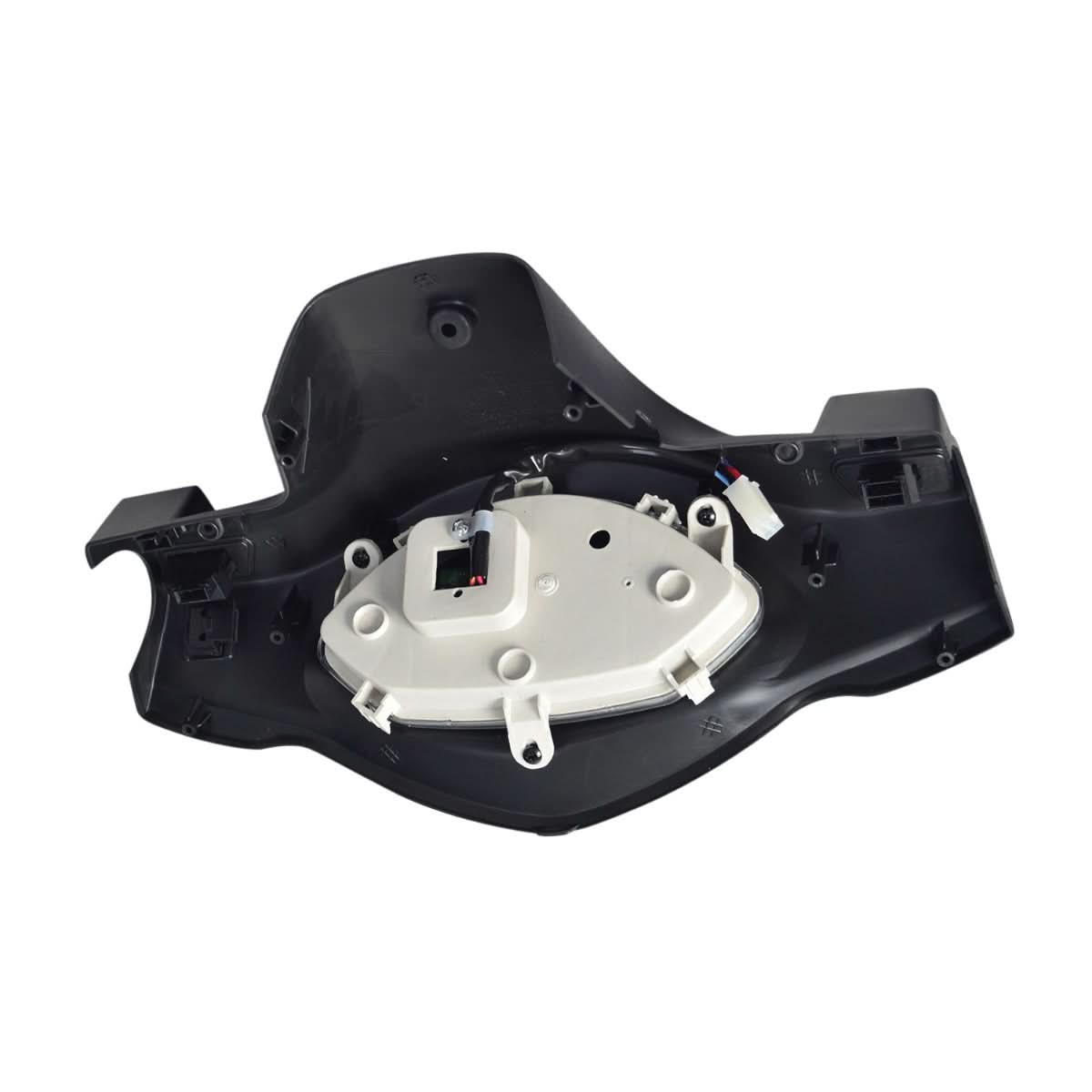 Rear Console Shroud for the Pride Mobility Raptor (R3-1700) Scooter, featuring buttons and switches for controlling the scooter, with visible wires and a close-up of a cable connection.